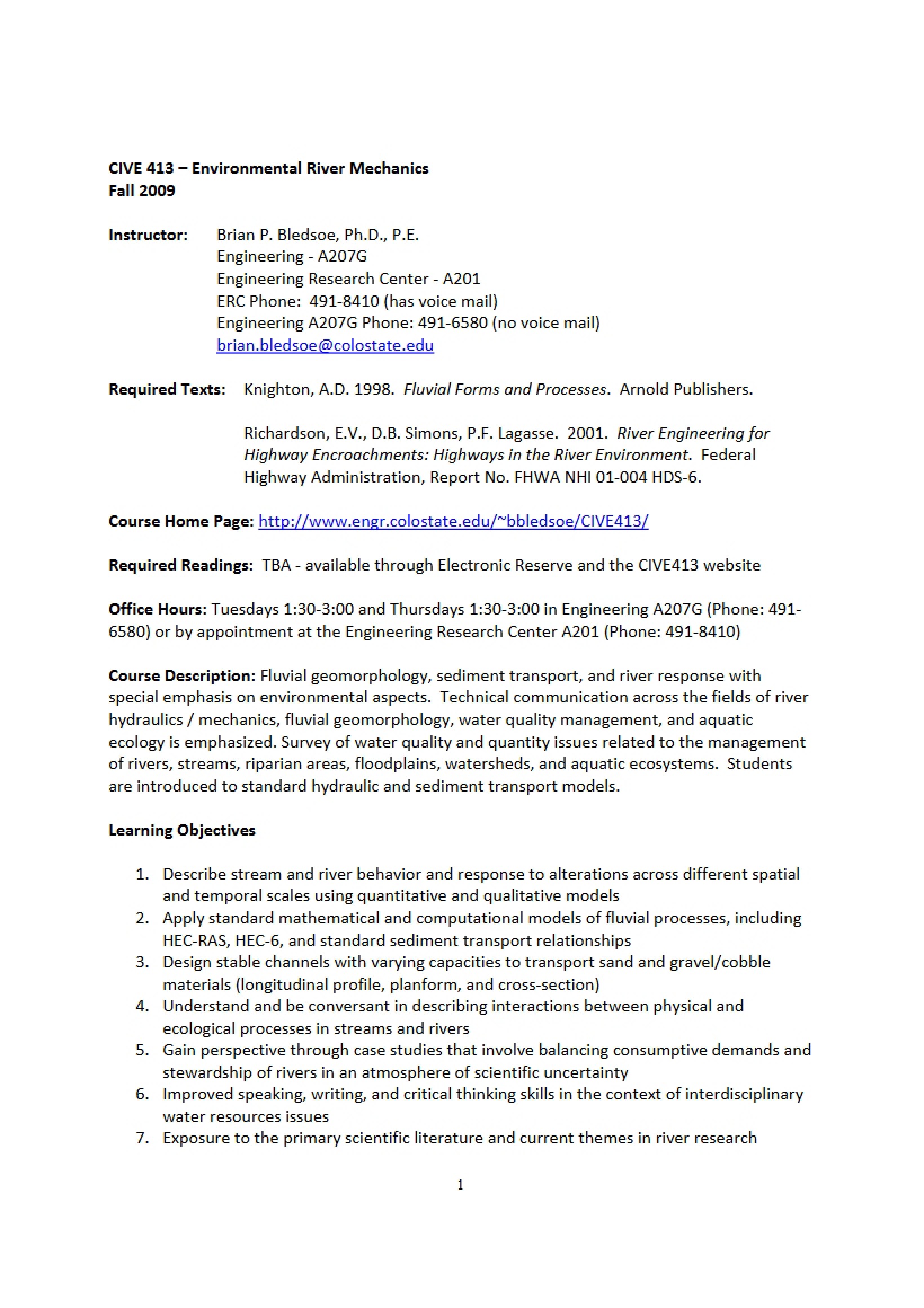 Environmental River Mechanics Syllabus