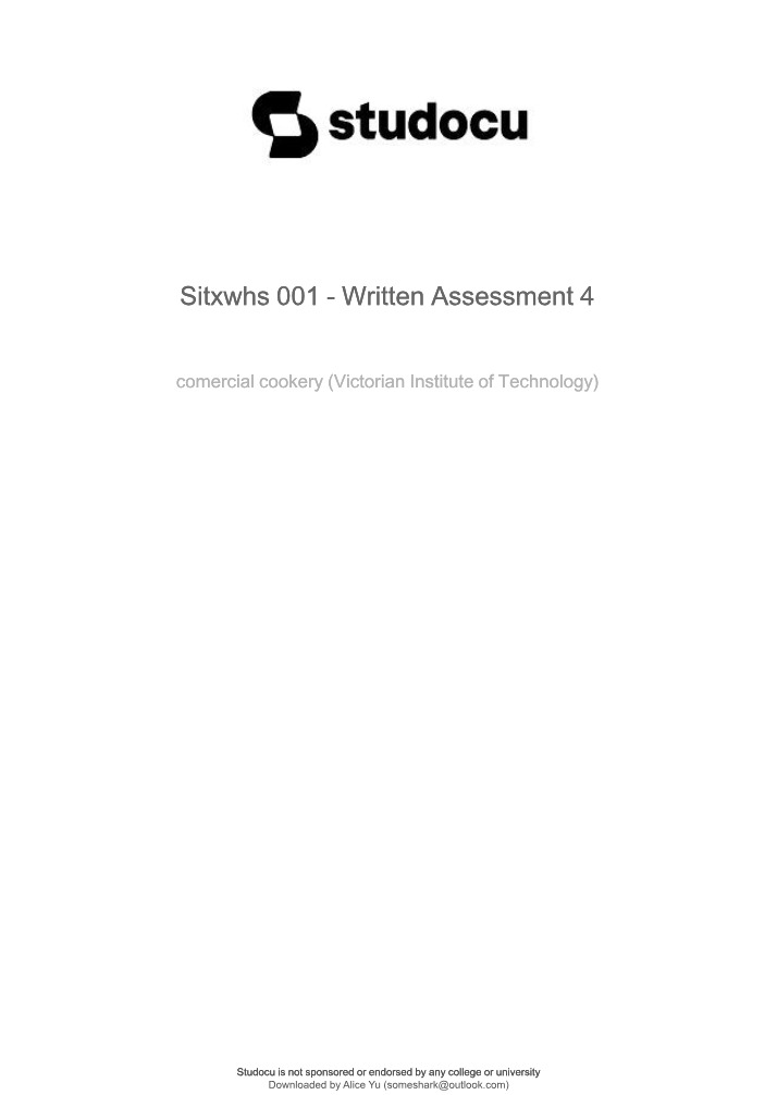 Safe Work Practices in Commercial Cookery (Assessment 4)