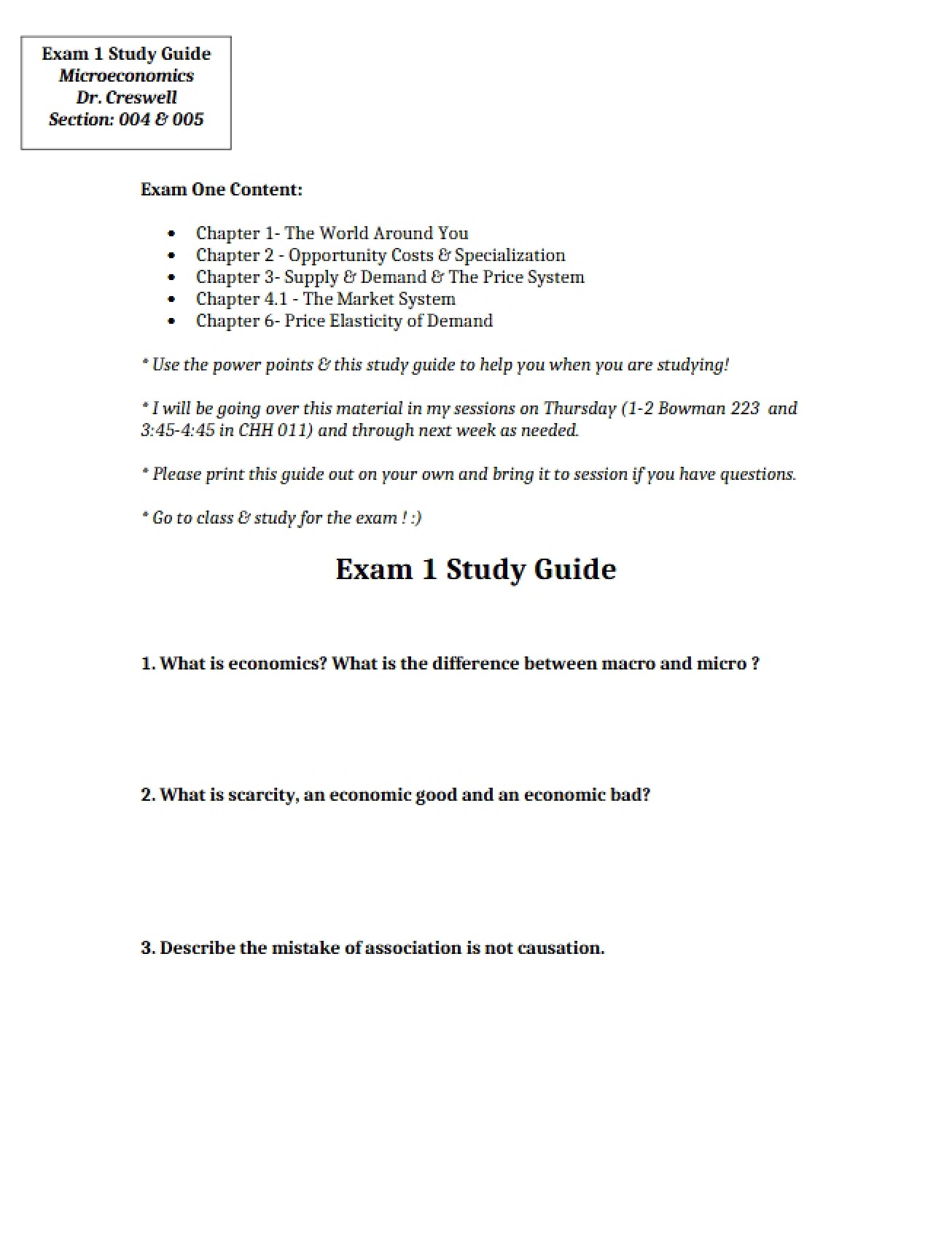 Study Guide for Exam One
