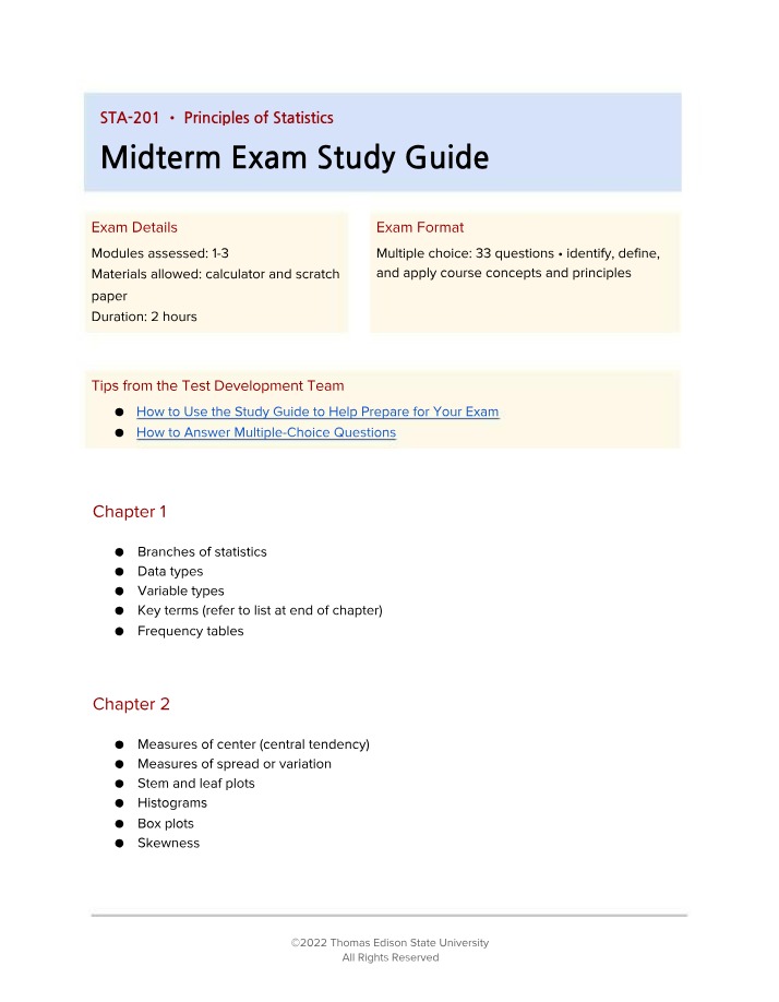 Midterm Exam Study Guide for STA-201