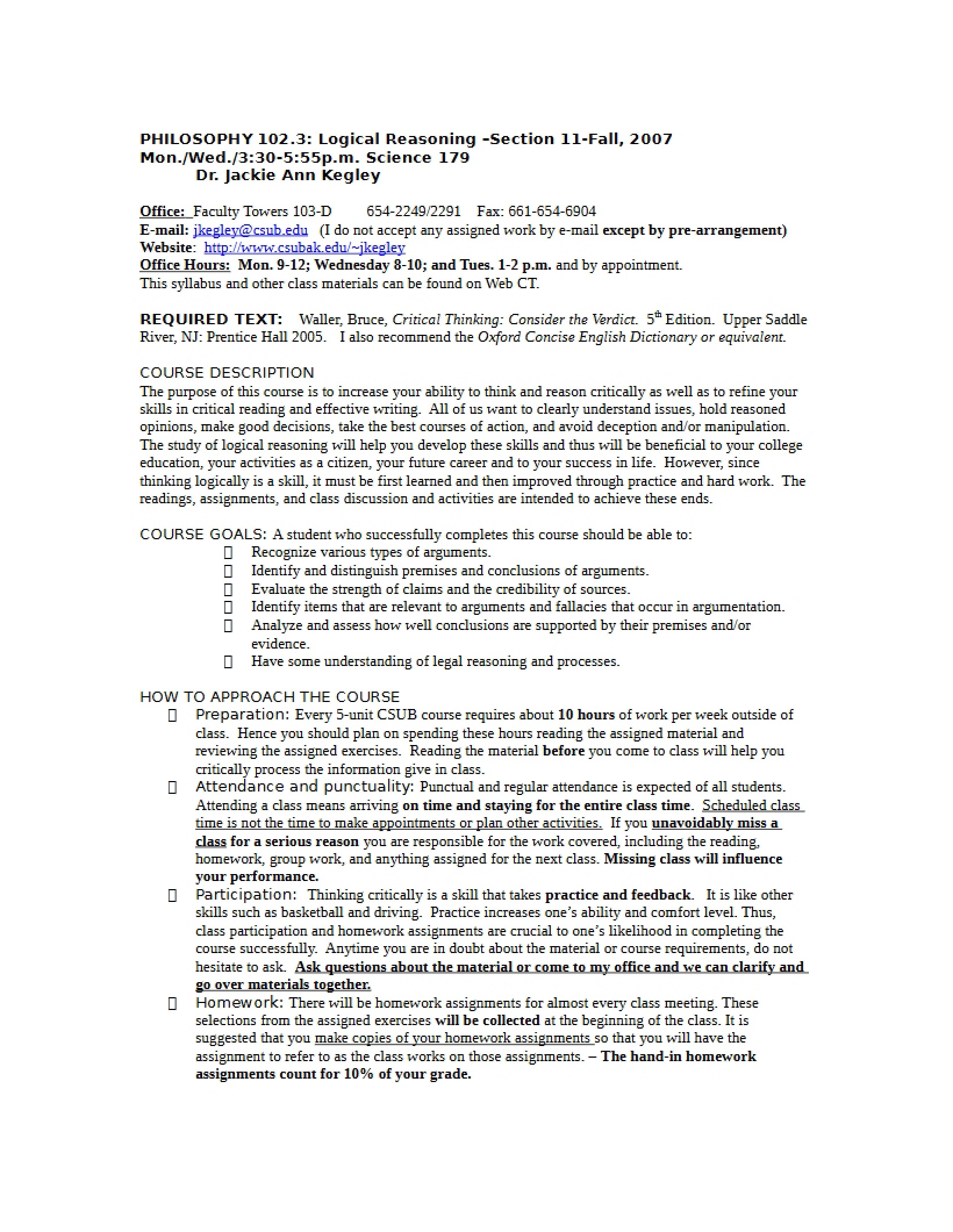Fall 2007 Logical Reasoning Syllabus