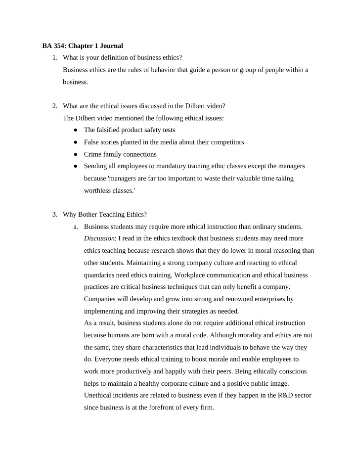 Business Ethics and Ethical Training in the Workplace