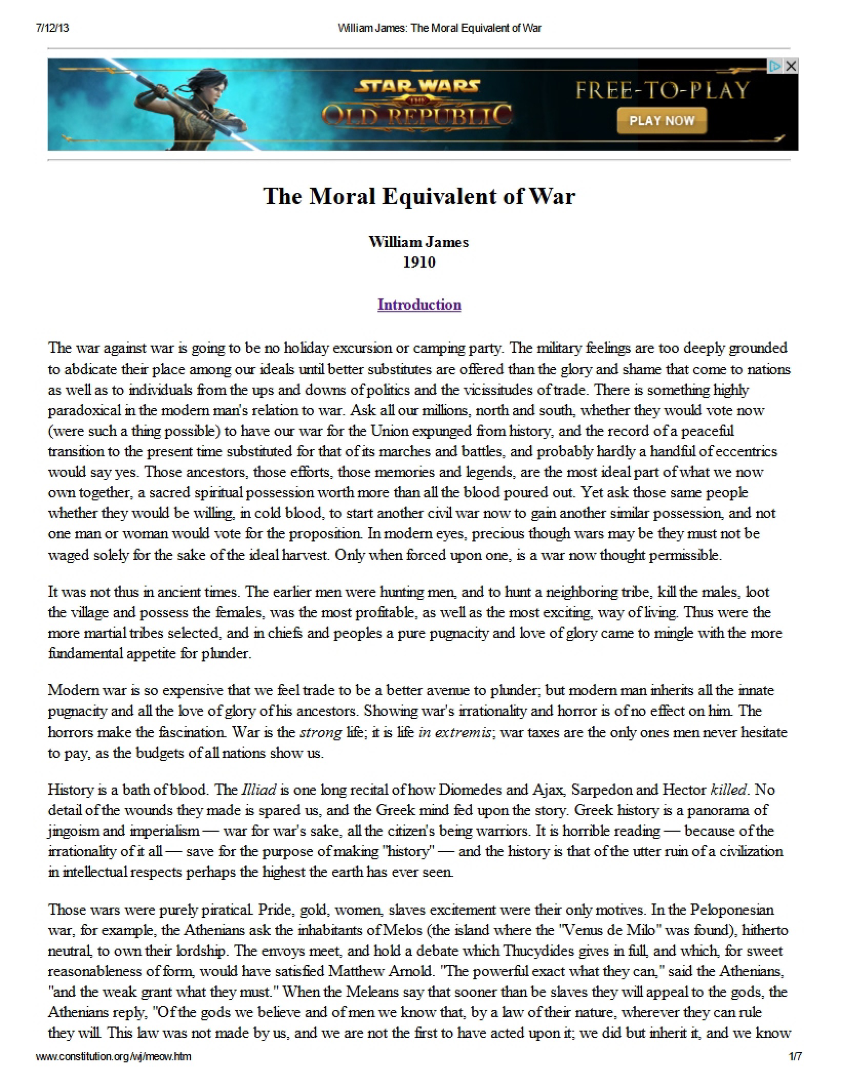 Moral Equivalent of War (Document)