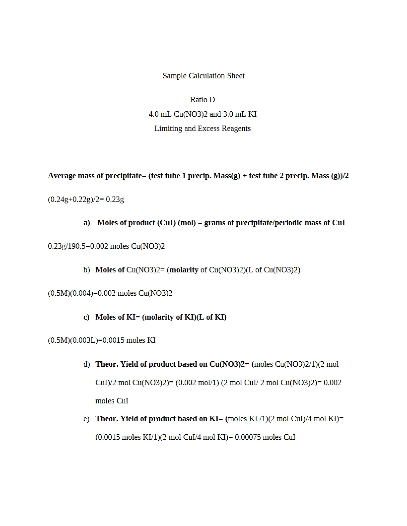 Sheet for Sample Calculations