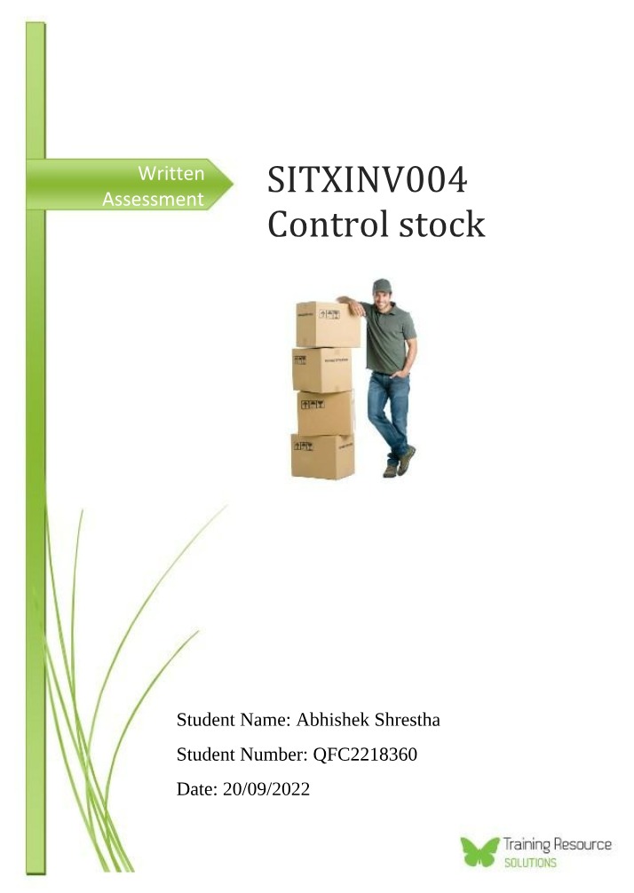Written Assessment for SITXINV004 Control Stock