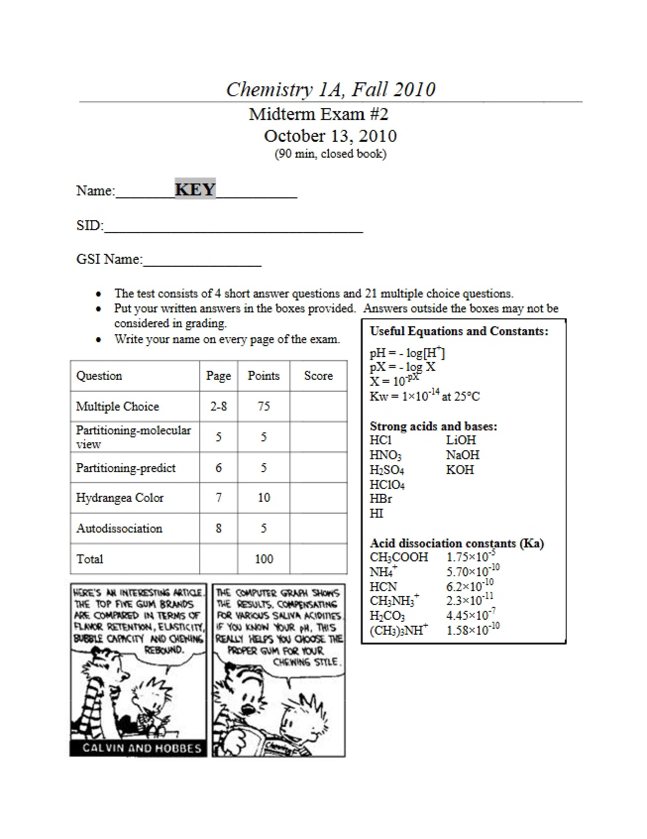 Key for 2010 General Chemistry Midterm II