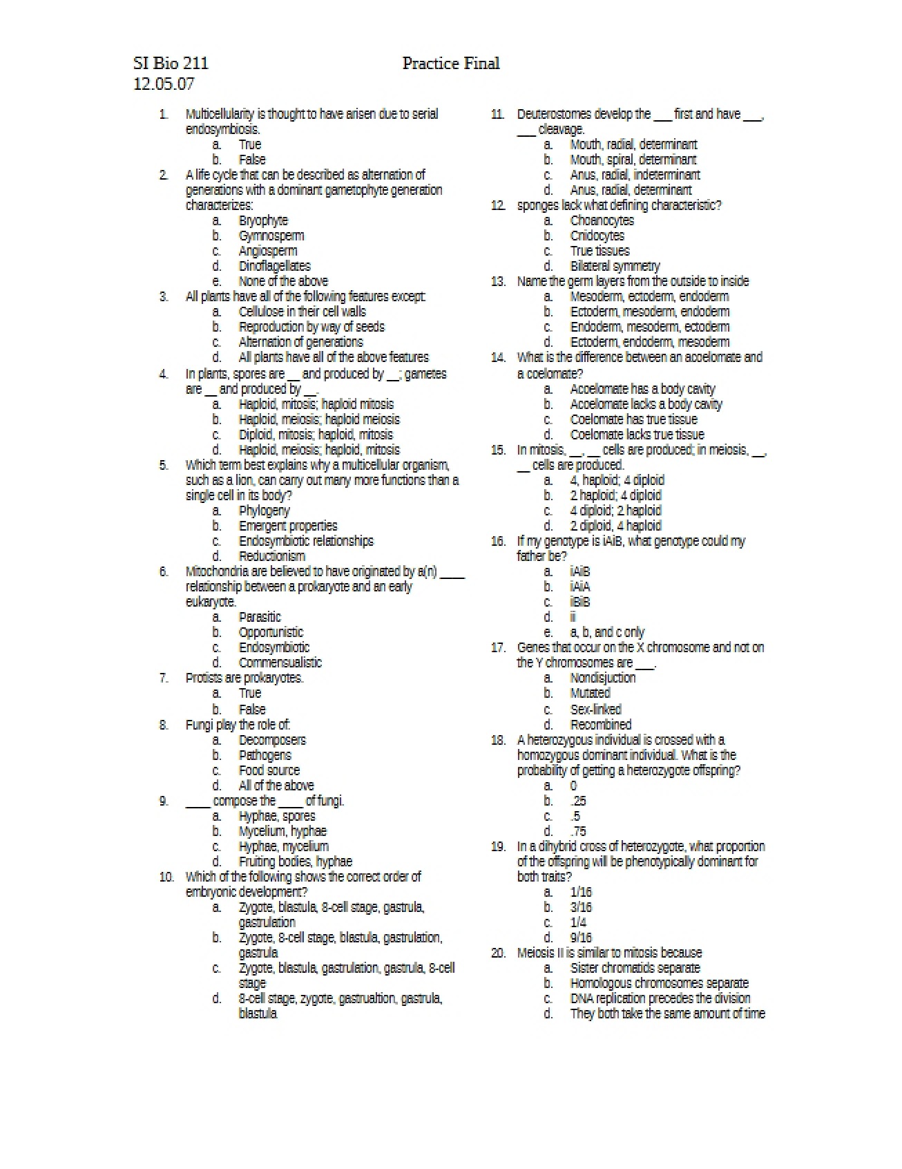 Sample Final Examination for Biology I