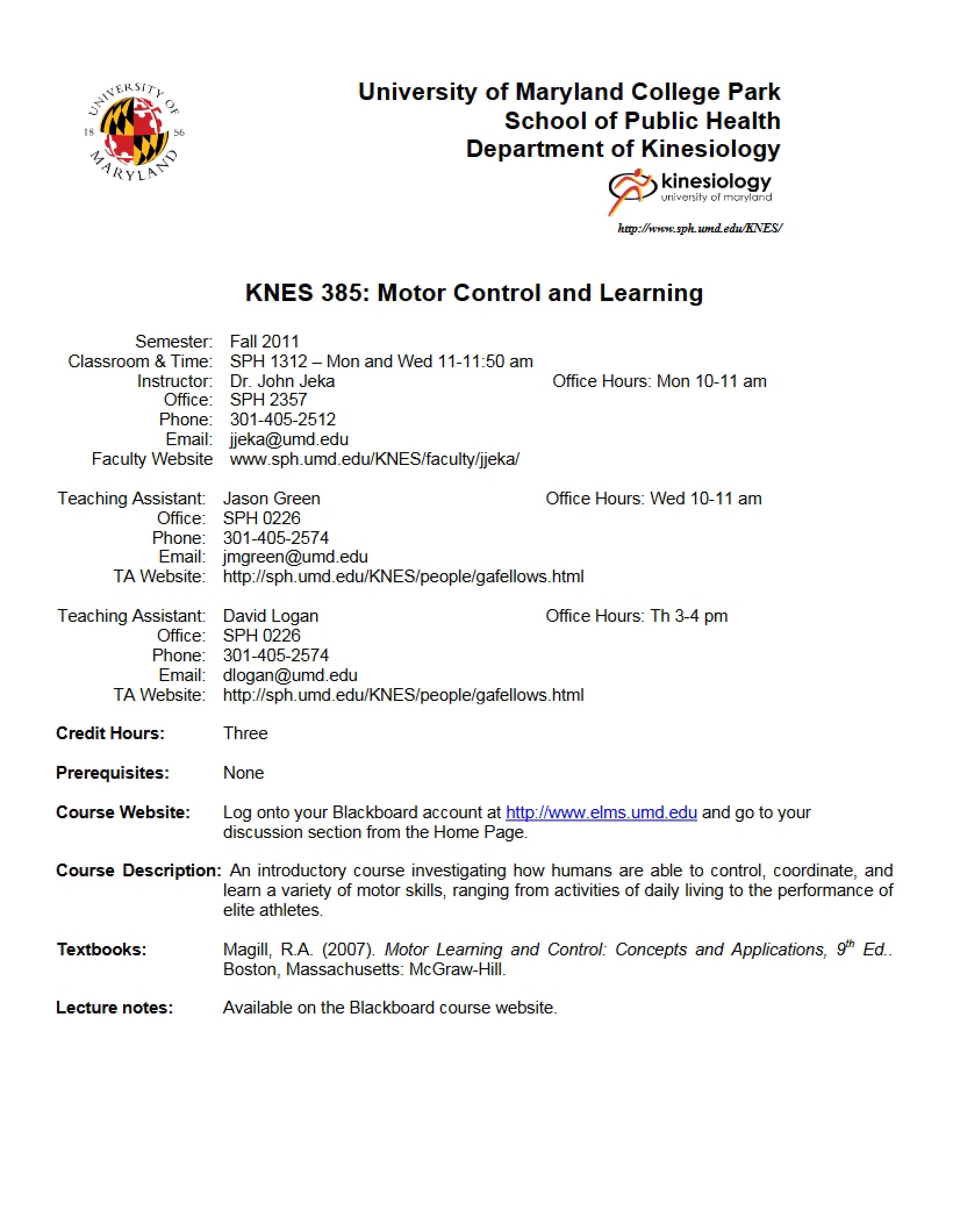 Course Syllabus for KNES 385