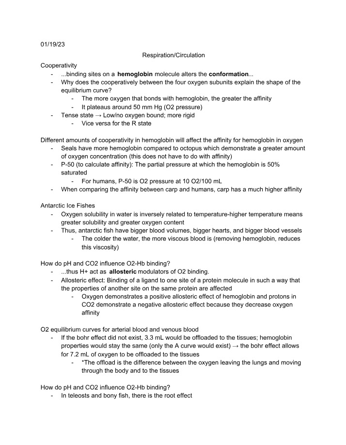 Respiration, Circulation, and Cooperativity