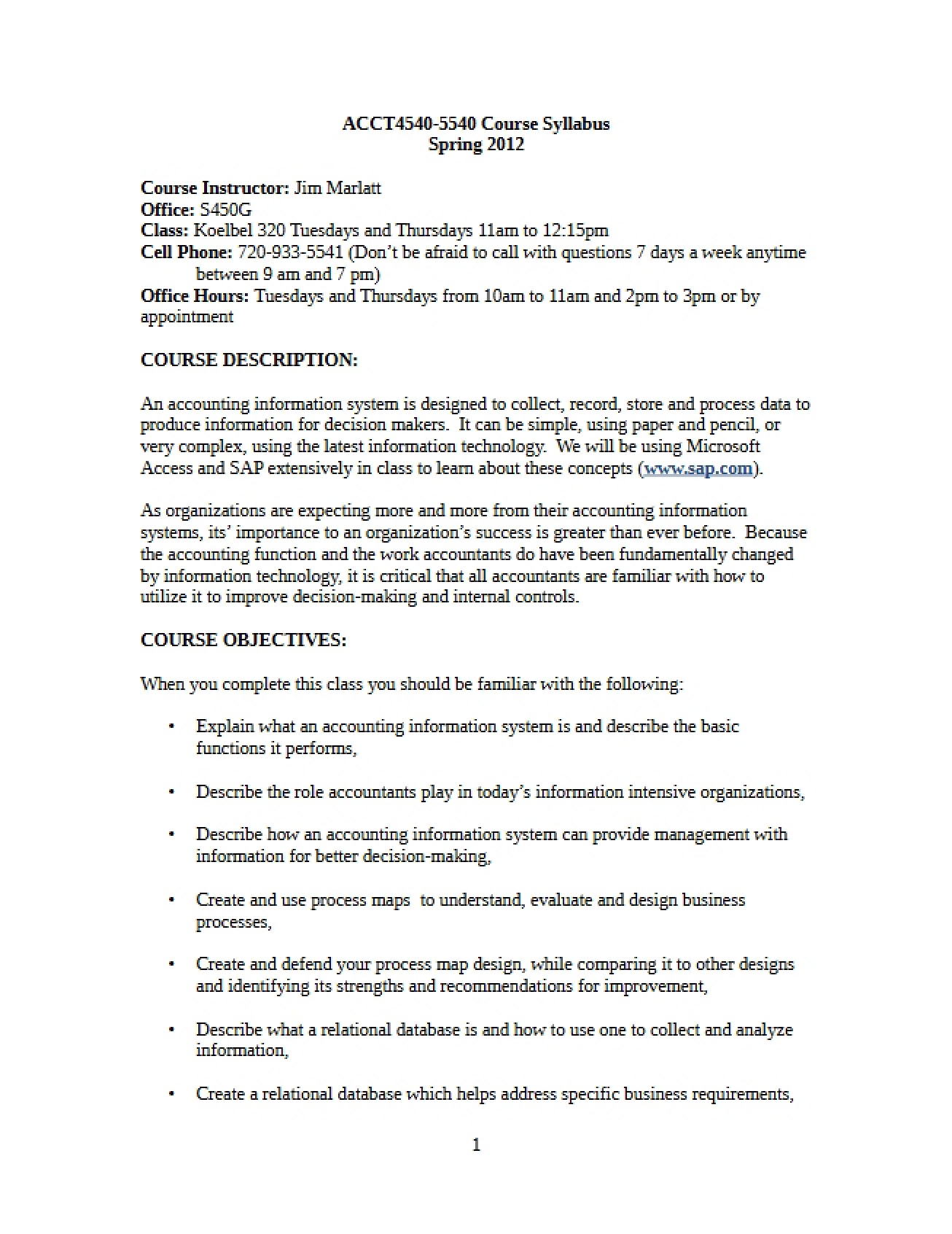 Syllabus for Accounting Information Systems