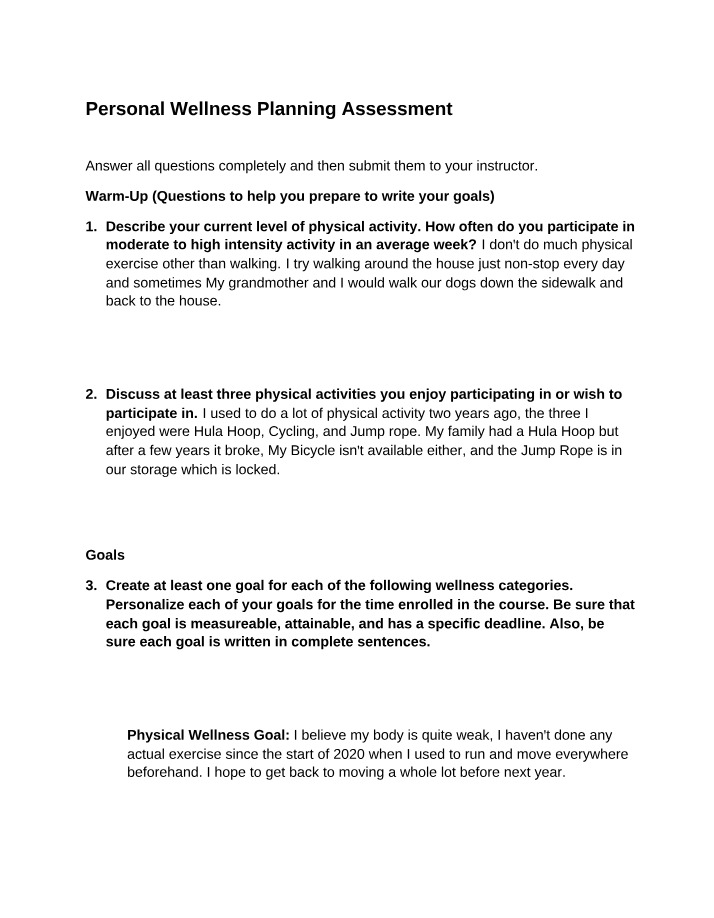 Setting Measurable Goals - Personal Wellness Planning Assessment