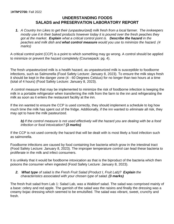 Salads and Preservation Lab Report Secondary