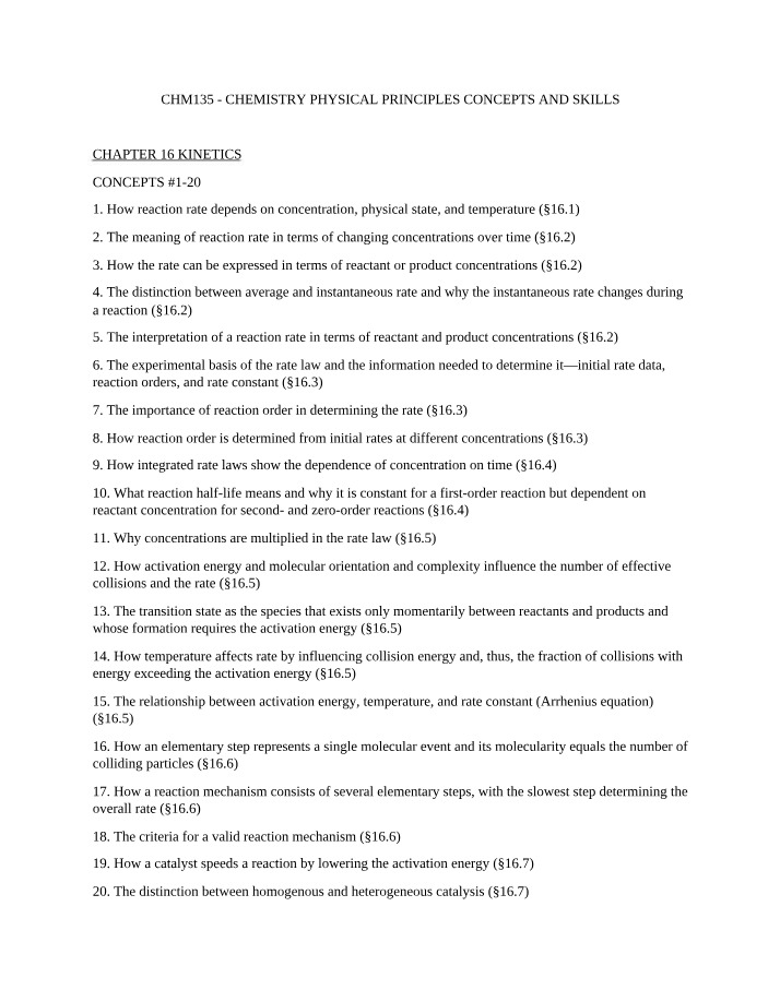 CHM135 Concepts - Kinetics, Equilibrium, Acids, Bases, Buffers, Titrations