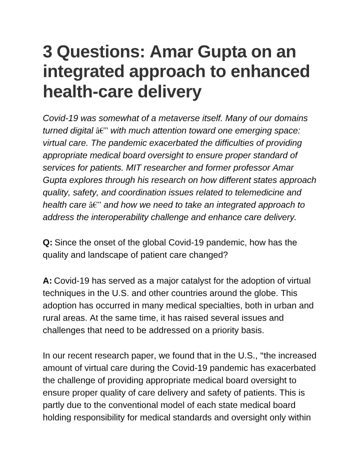 Integrated Approach to Enhancing Health-Care Delivery