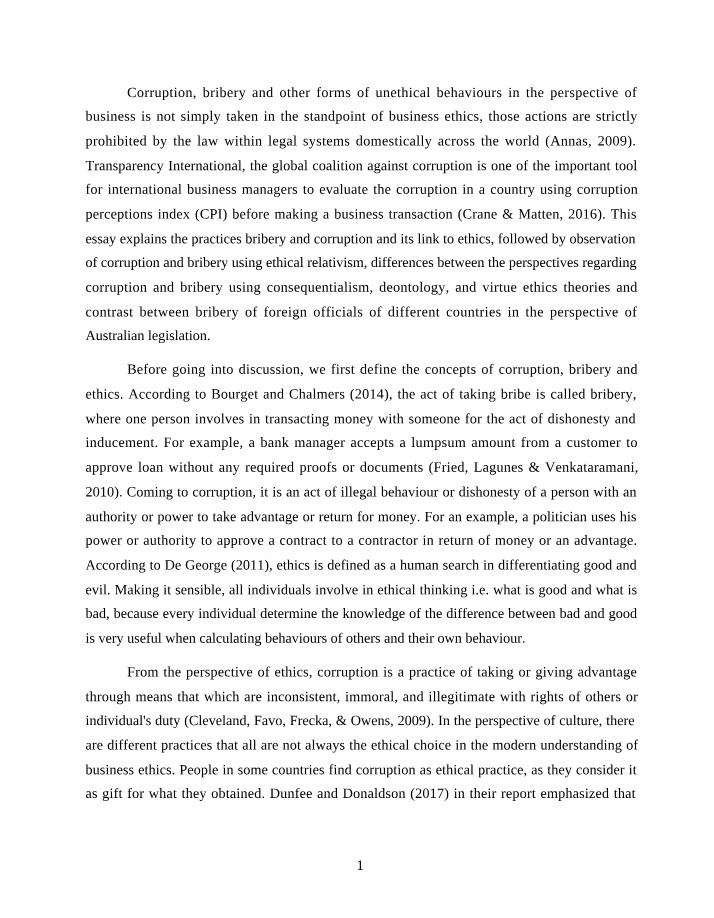 Corruption and Bribery - Ethics and Unethical Perspectives