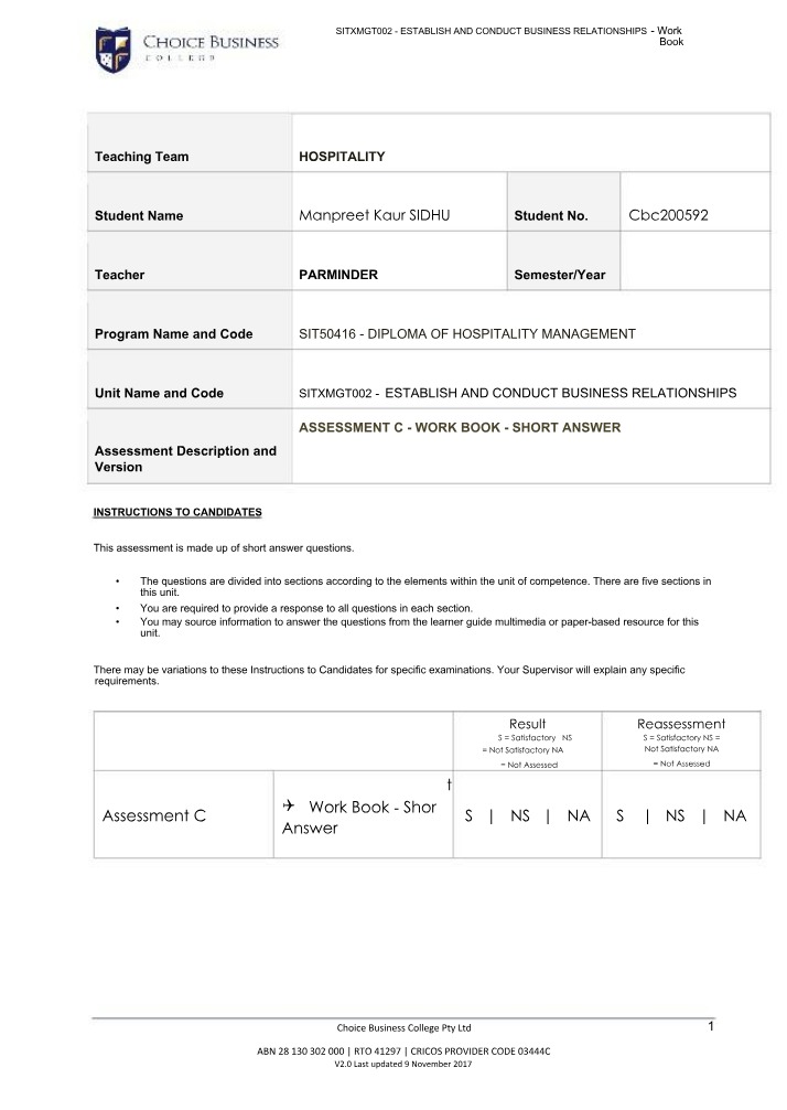 Short Answer Work Book for SITXMGT002 Assessment C