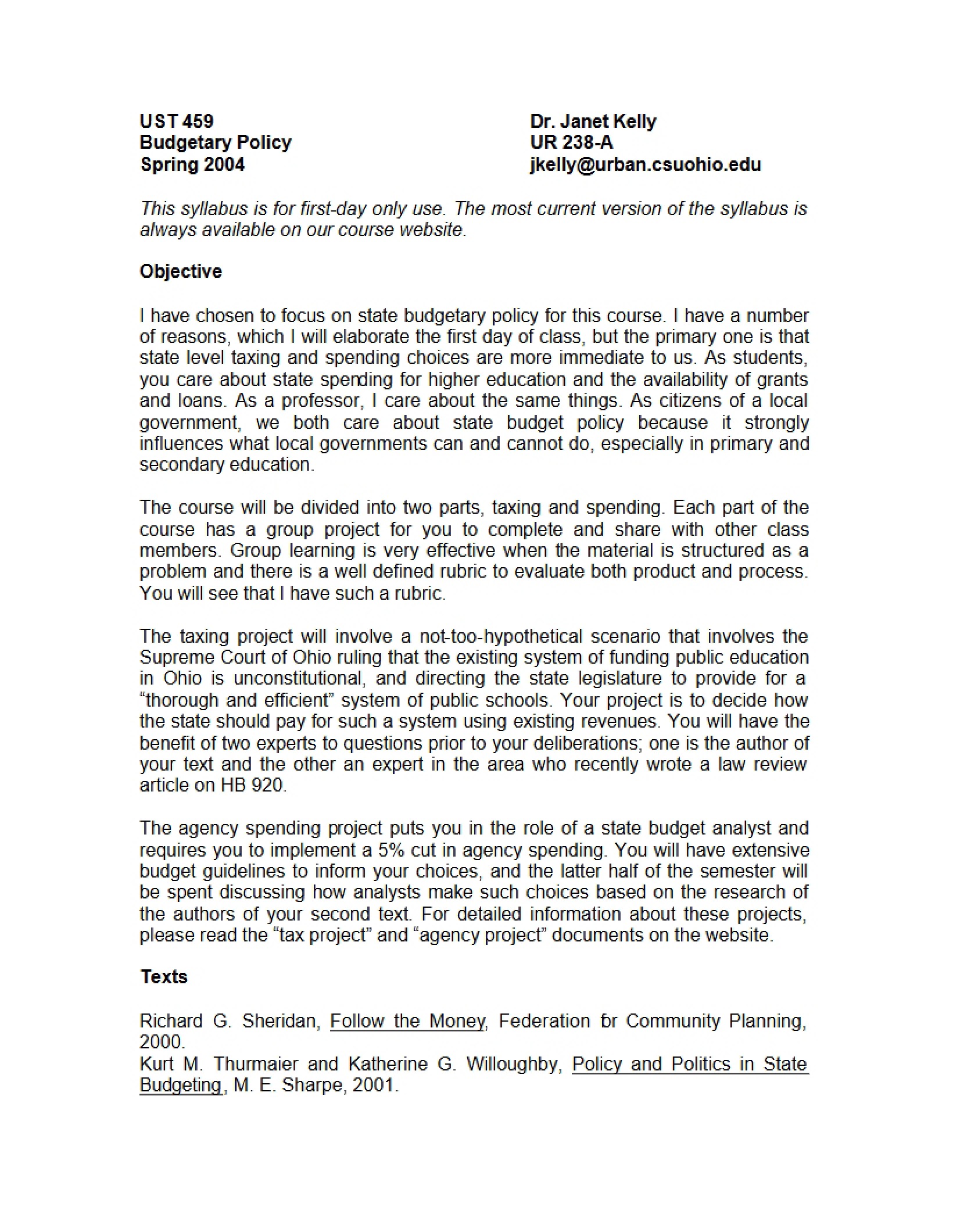 Syllabus for Budgeting and Policy Analysis