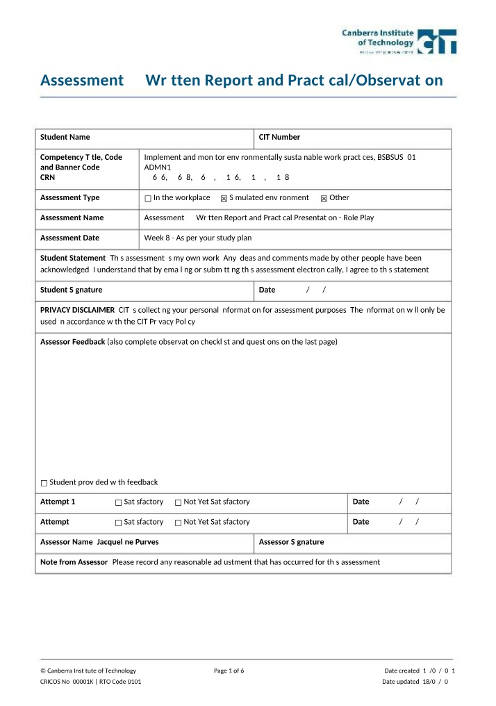 Written Report and Practical Presentation - Assessment 2