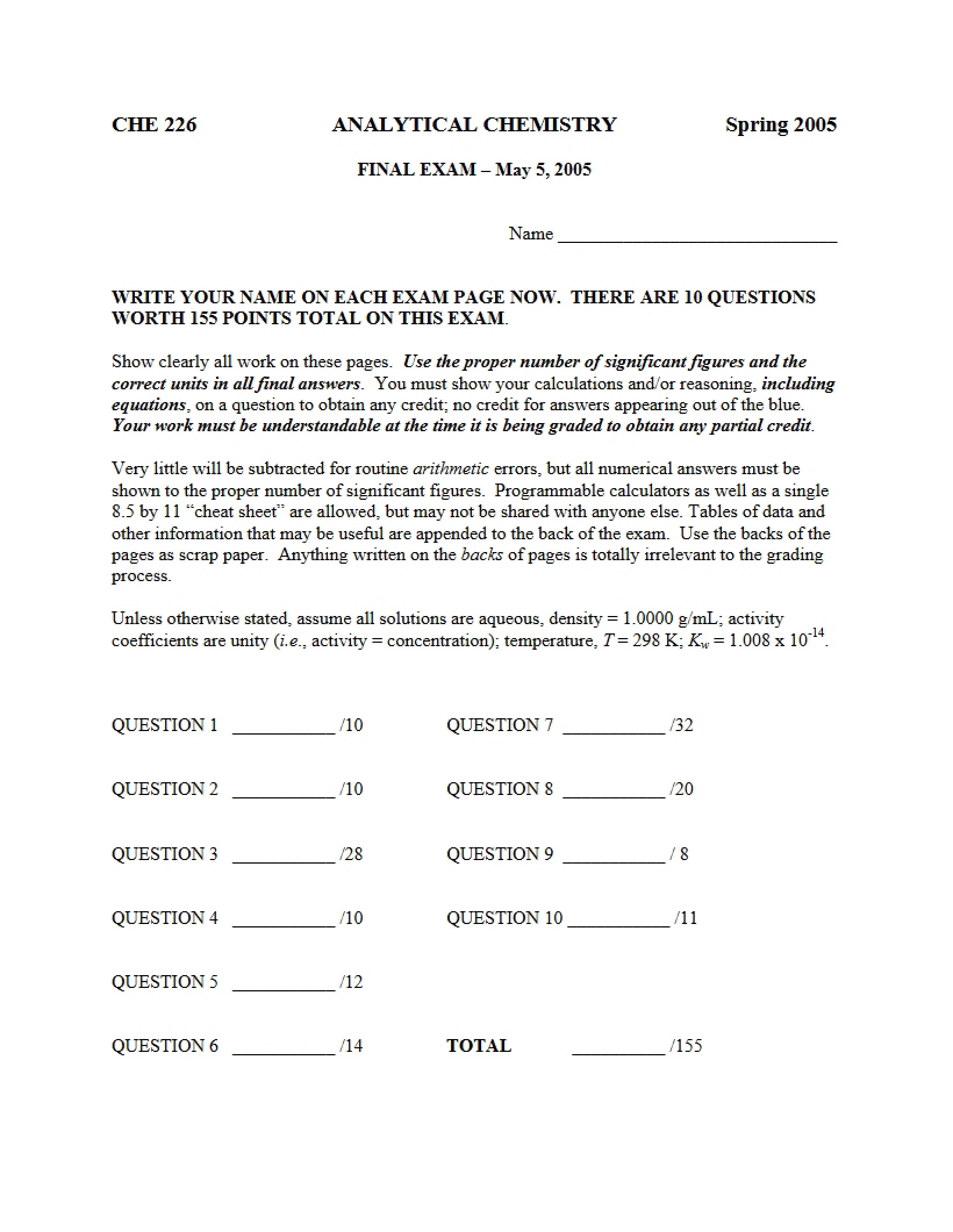Final Examination Analytical Chemistry
