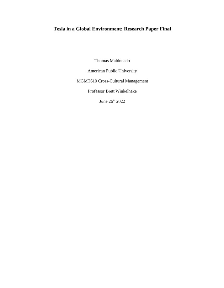 Tesla in a Global Environment - Final Research Paper