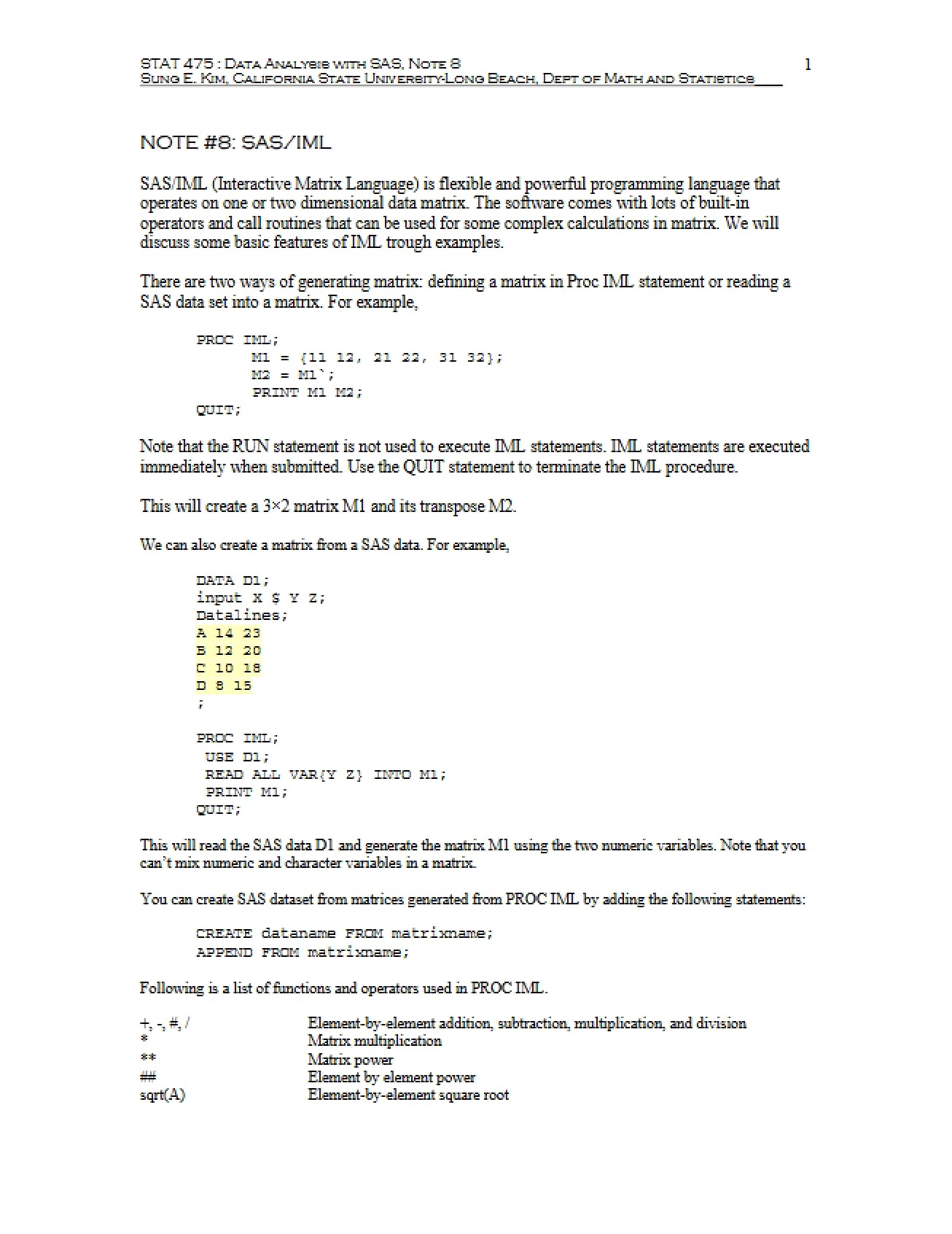 SAS IML Note Eight
