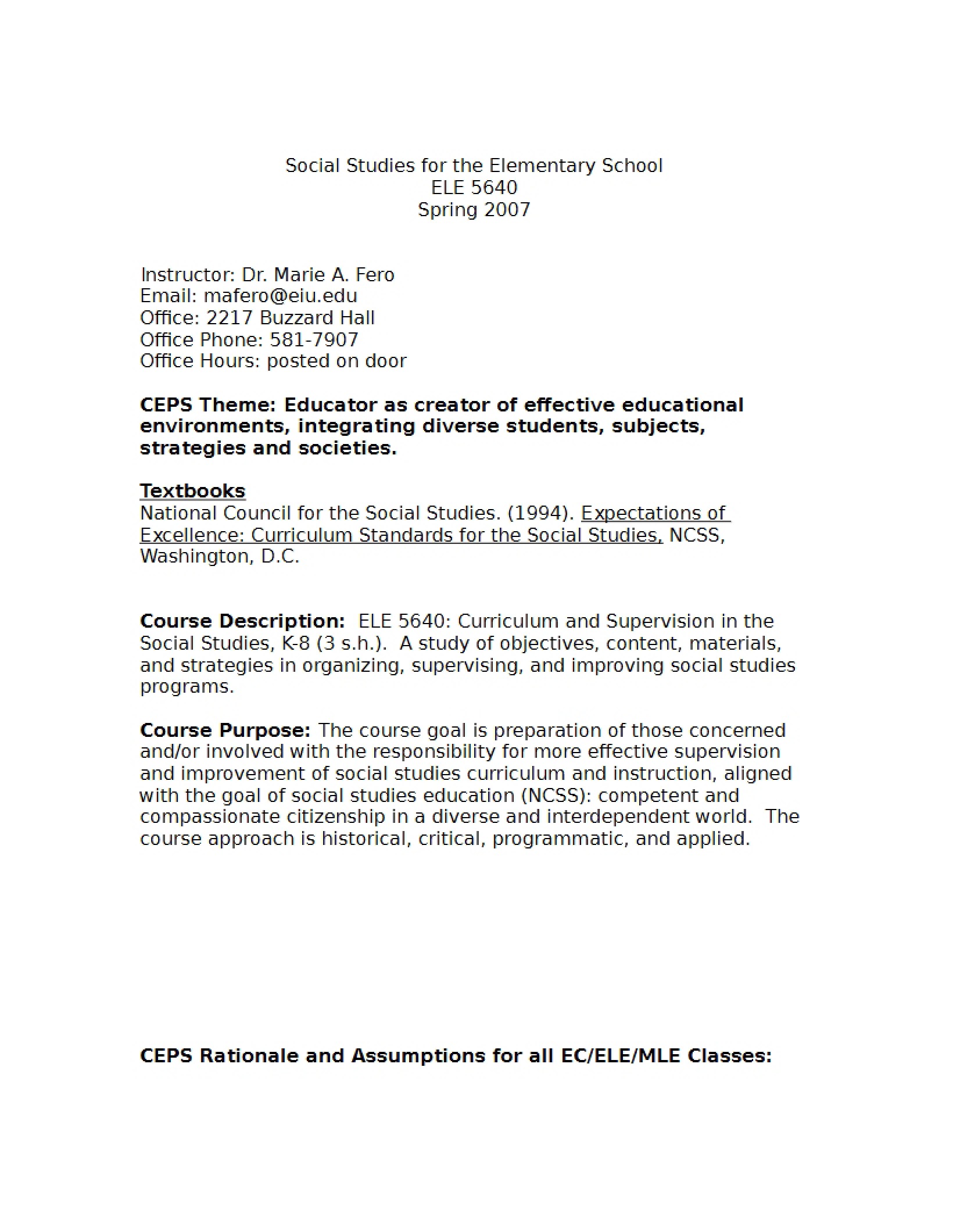Syllabus - Teaching and Supervision of Social Studies in Elementary and Middle Schools
