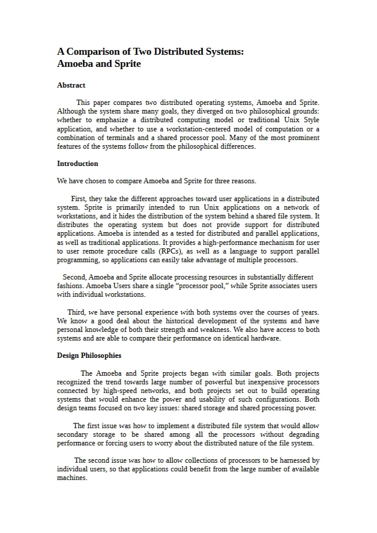 Amoeba vs Sprite Distributed Systems Comparison