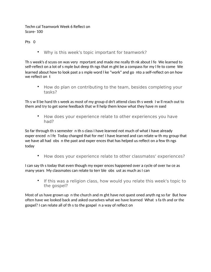 Week 6 Reflection - Technical Teamwork