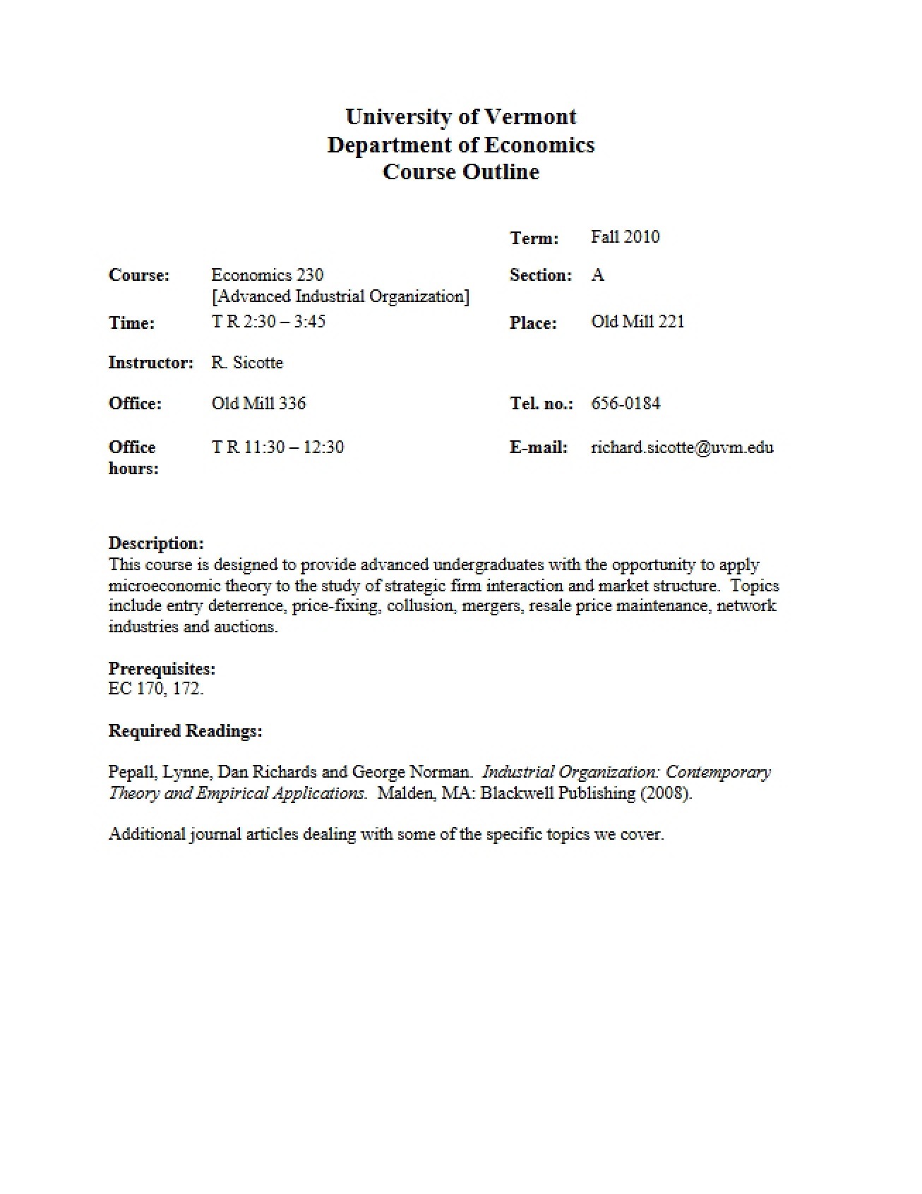 Syllabus for Advanced Industrial Organization