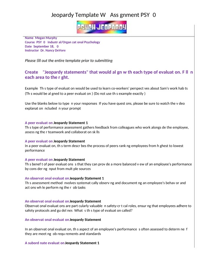 Jeopardy Template PSY302 Week 2 Assignment