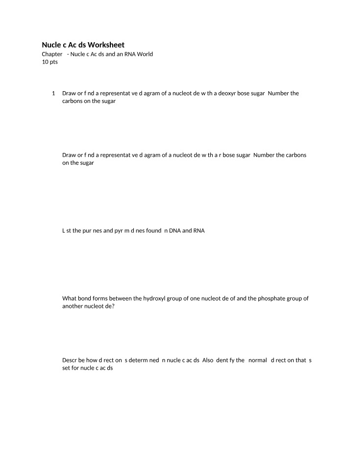 Worksheet on Nucleic Acids