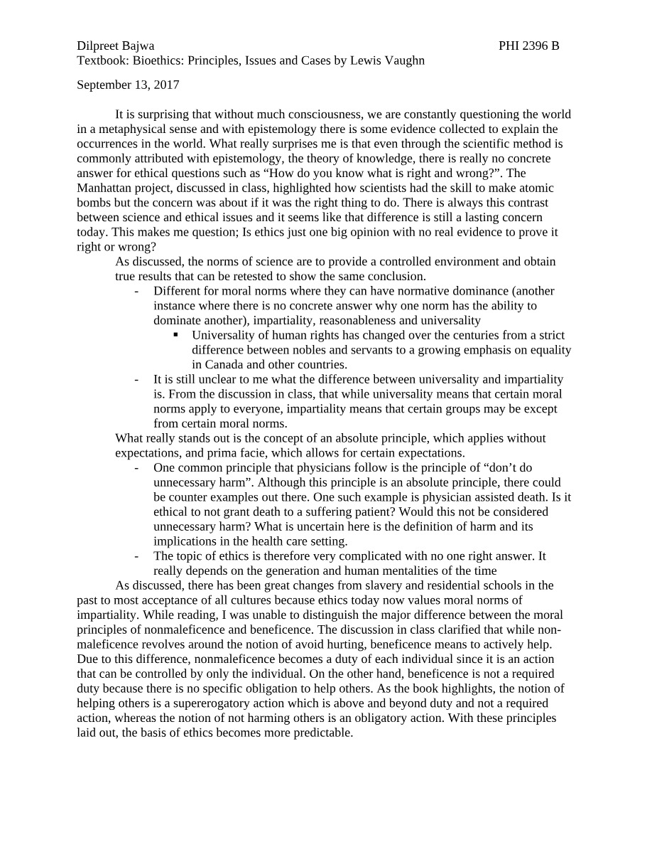 Bioethics Notes (PHI 2396 B)