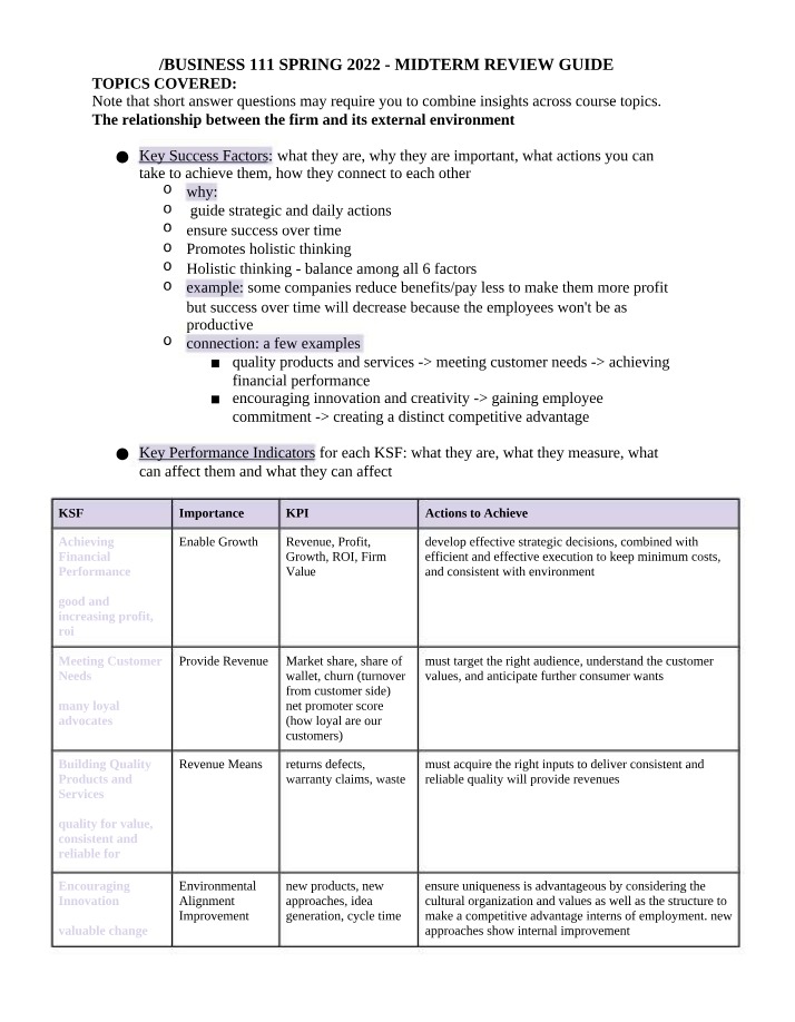 Midterm Review Guide - Business 111 (Spring 2022)
