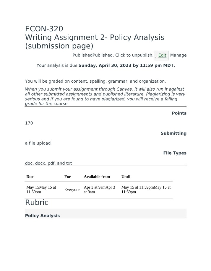 Writing Assignment 2 Rubric - Policy Analysis