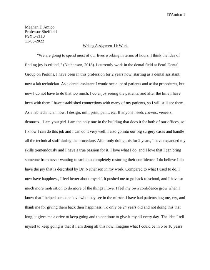 Writing Assignment 11 on Work
