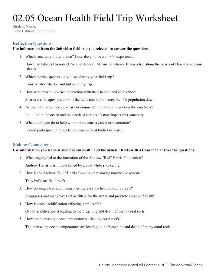 Worksheet for the Ocean Health Field Trip