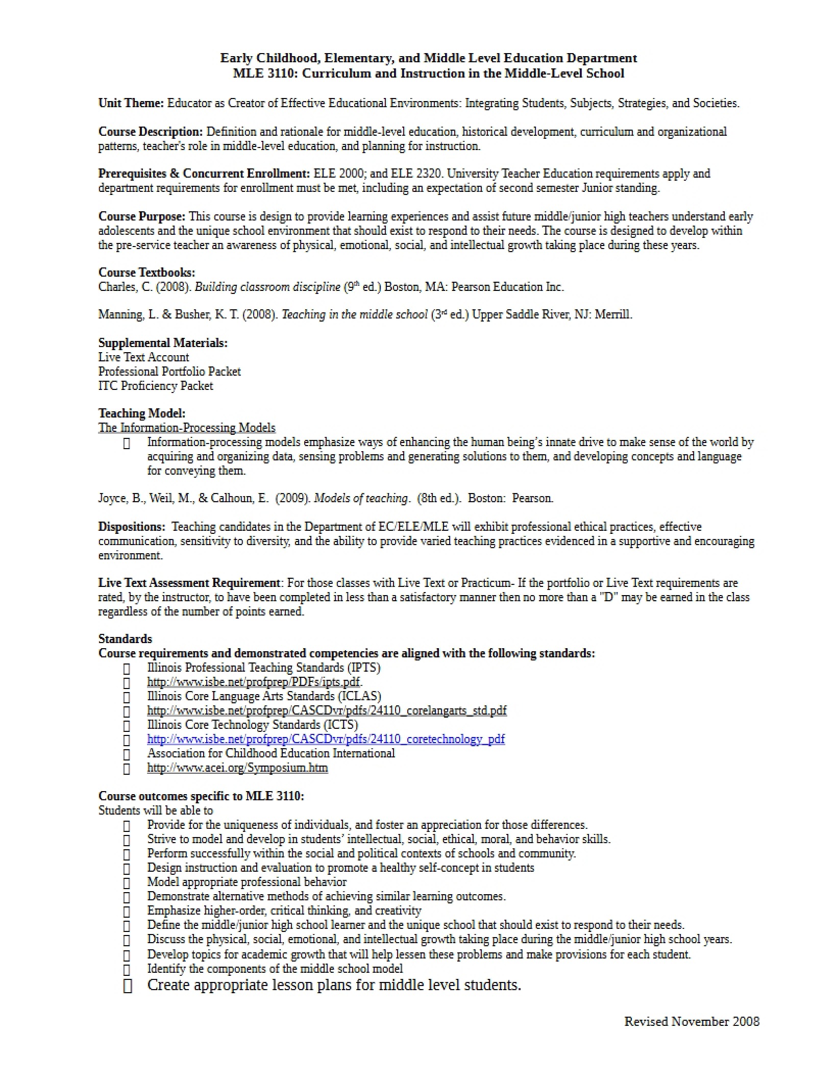 Syllabus for Curriculum in Middle Level School
