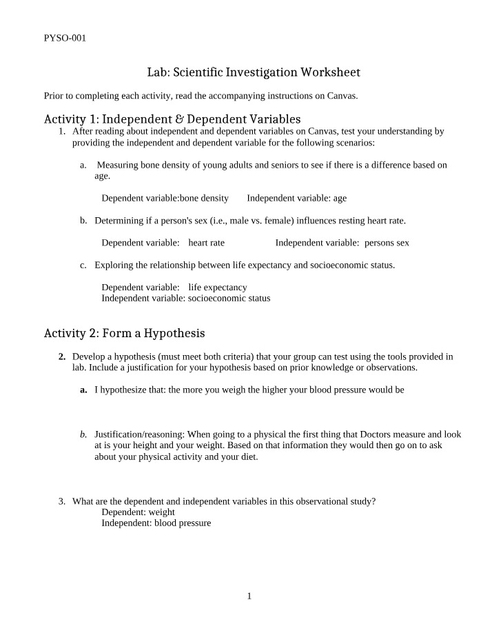 Variables and Hypotheses Lab Worksheet
