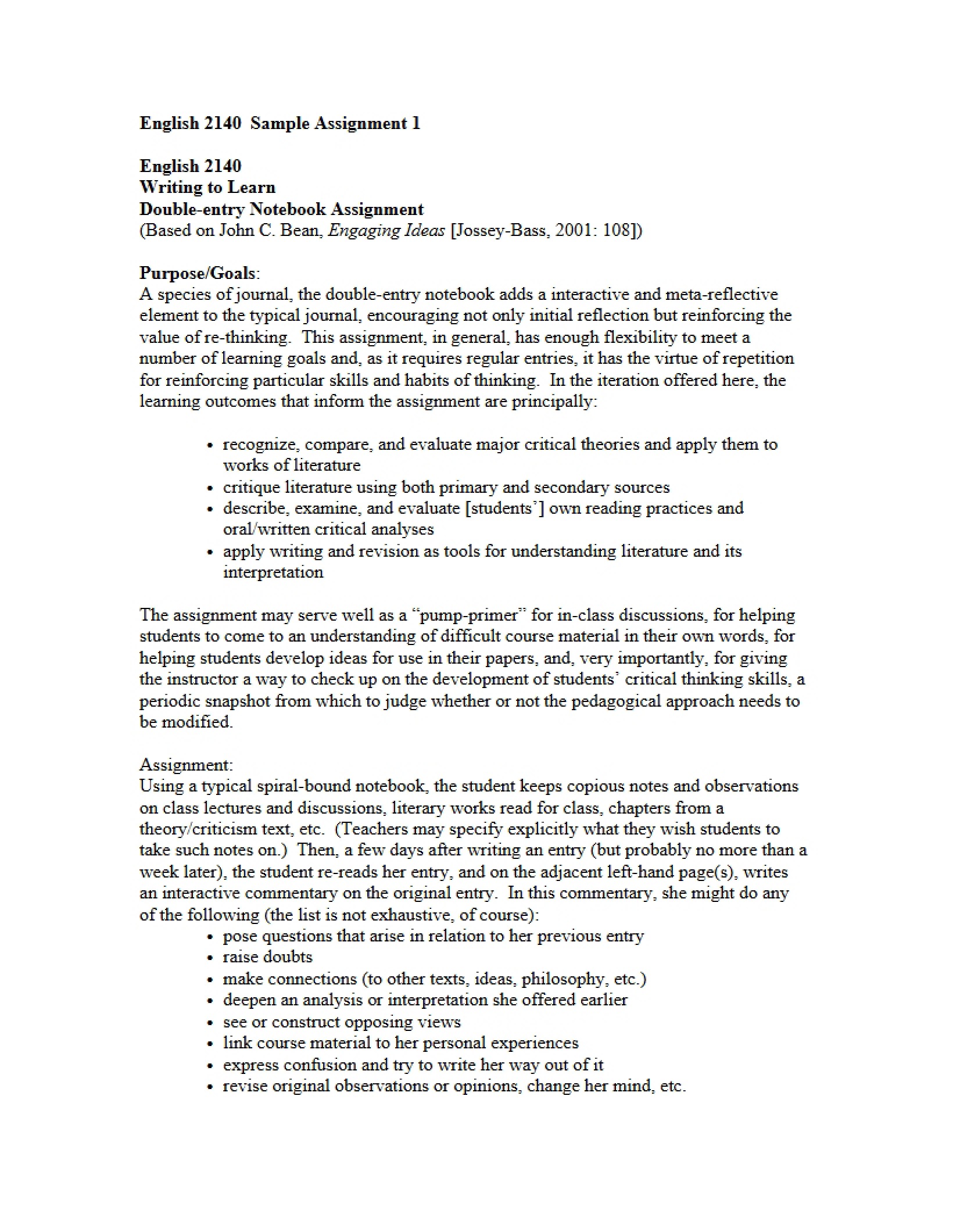 Sample Assignments for Literary Studies