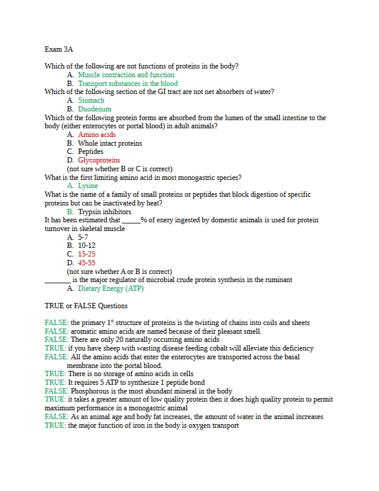 Answers for Exam Three A