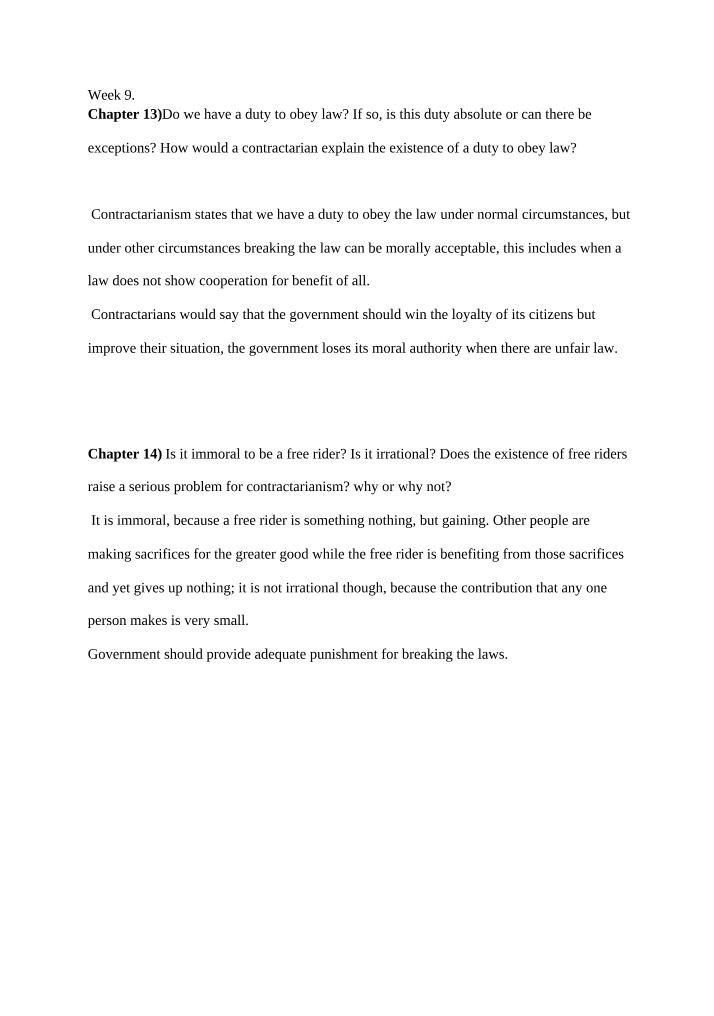 Discussion on Contractarianism - Week 9
