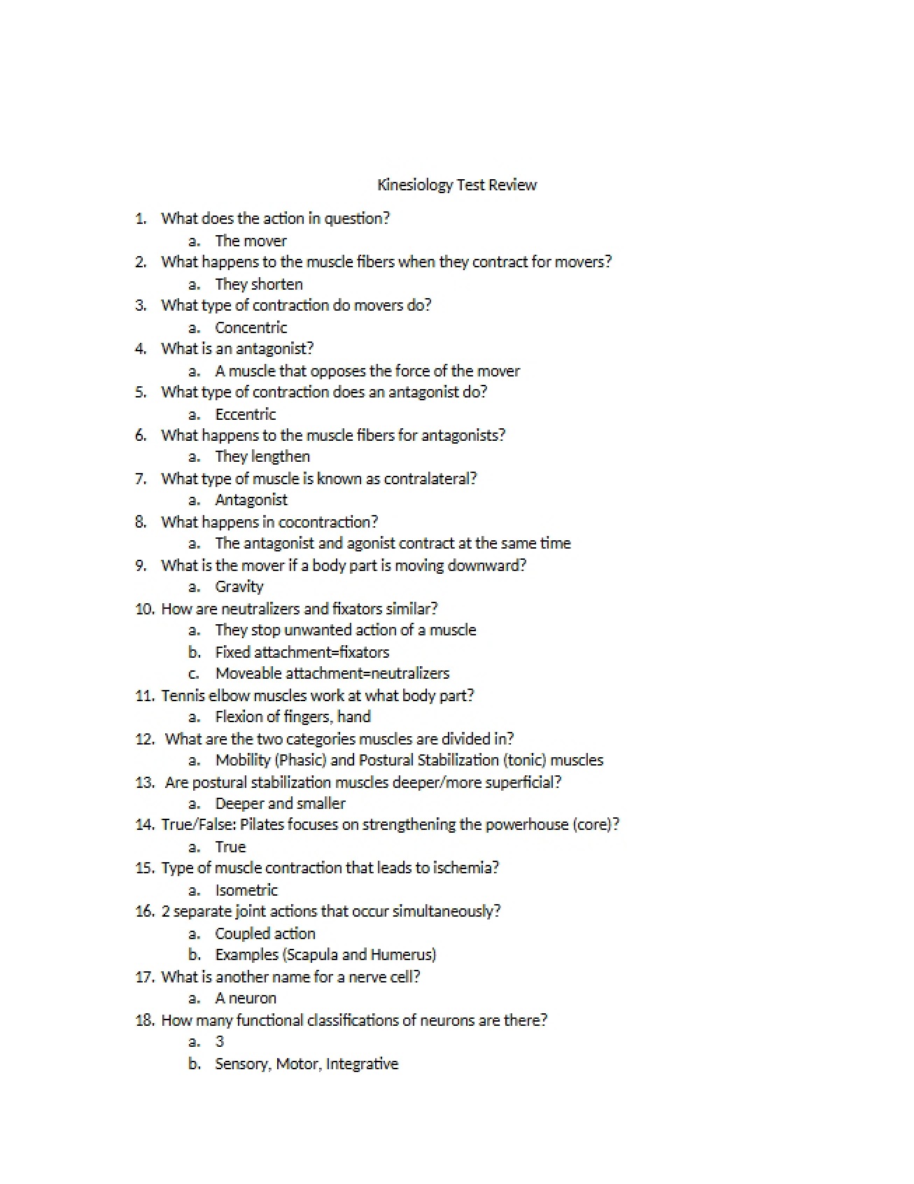 Kinesiology Review Sheet