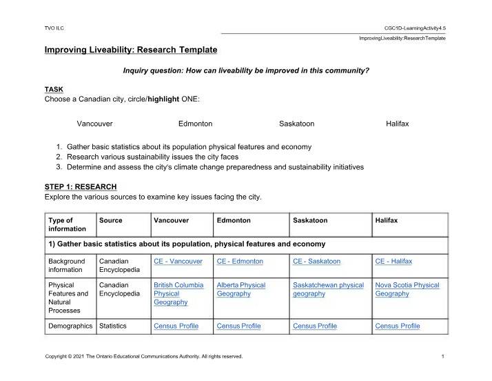 MATH101 - Research Template for Improving Liveability