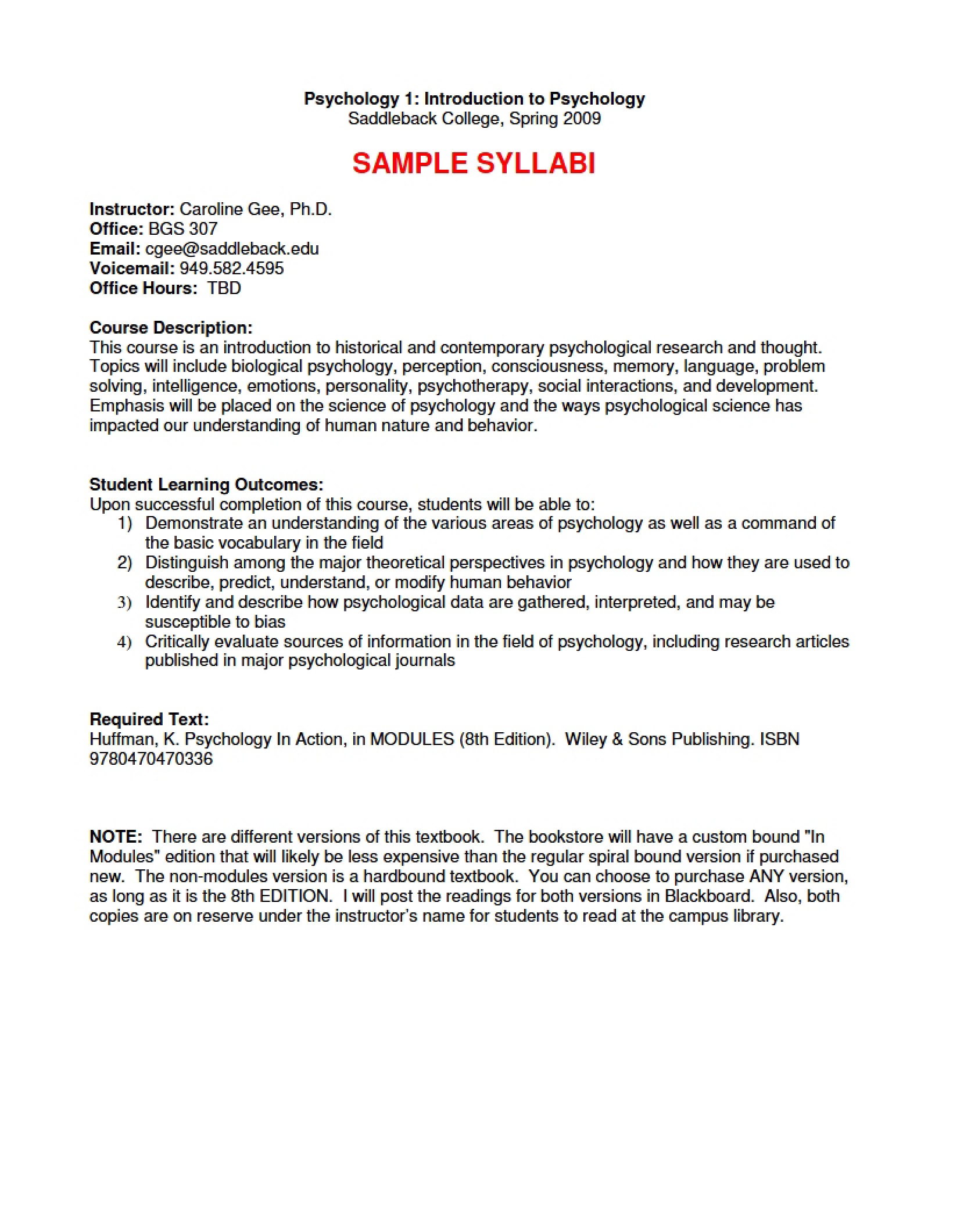 Introduction to Psychology Syllabus - PSYC 1
