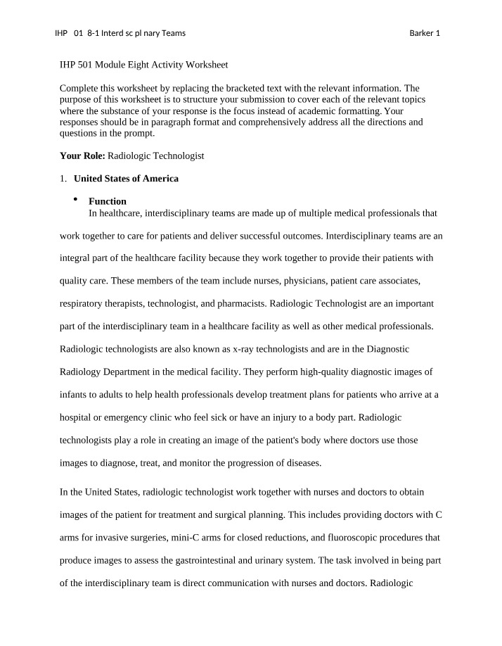 Worksheet for IHP 501 Module Eight Activity