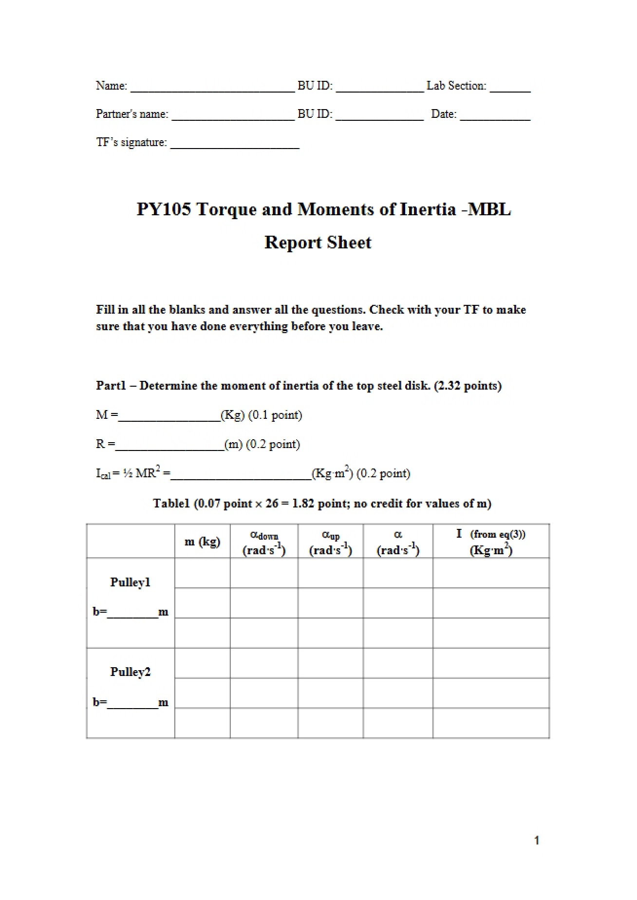MBL Report Moments of Inertia and Torque