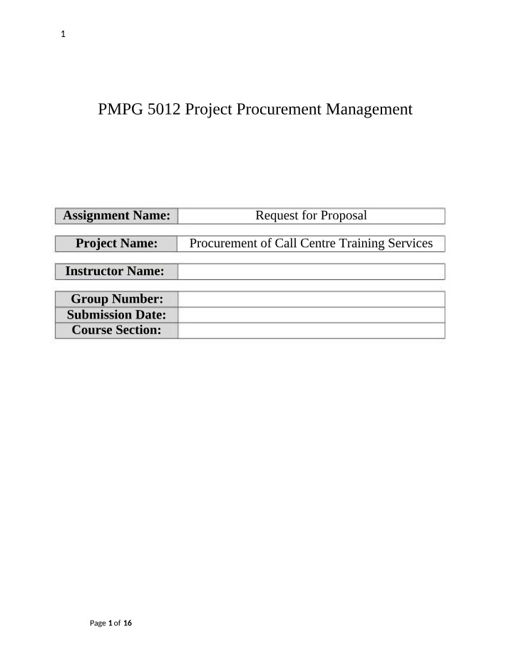 Request for Proposal - Call Centre Training Procurement