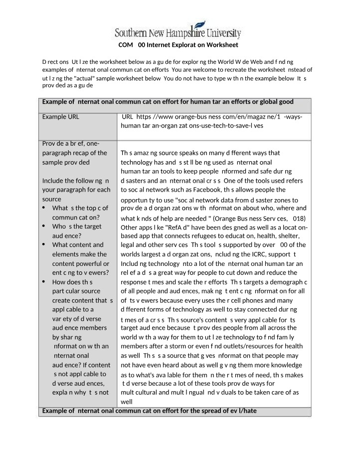 Internet Exploration Worksheet - COM 500