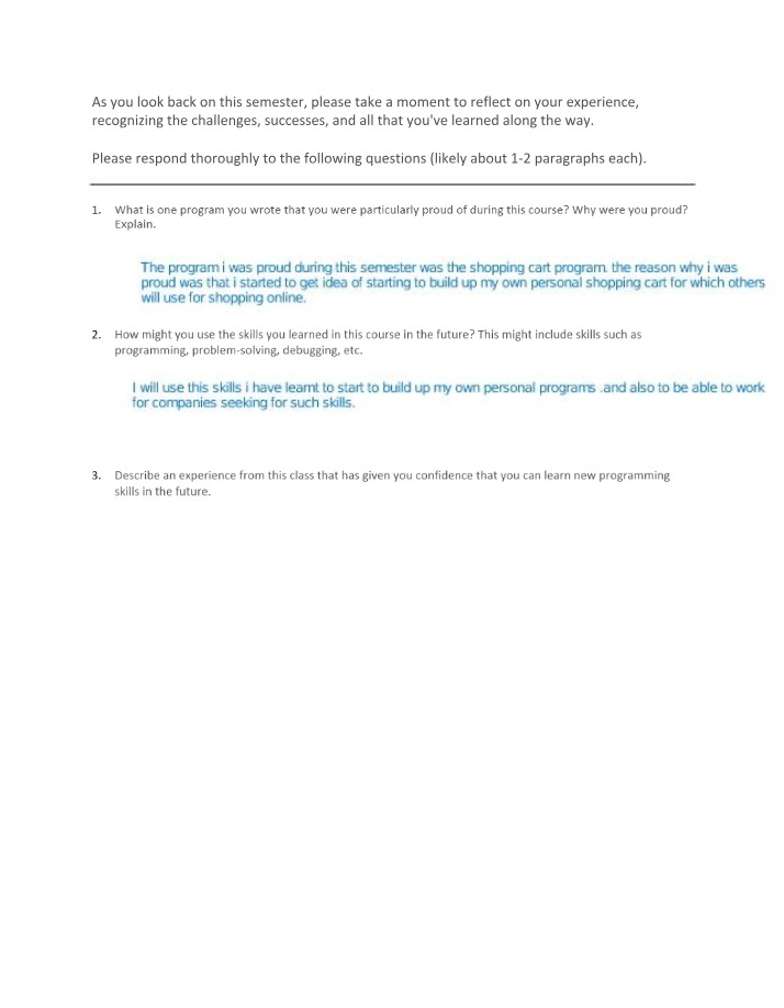 Programming Course Reflection Questions
