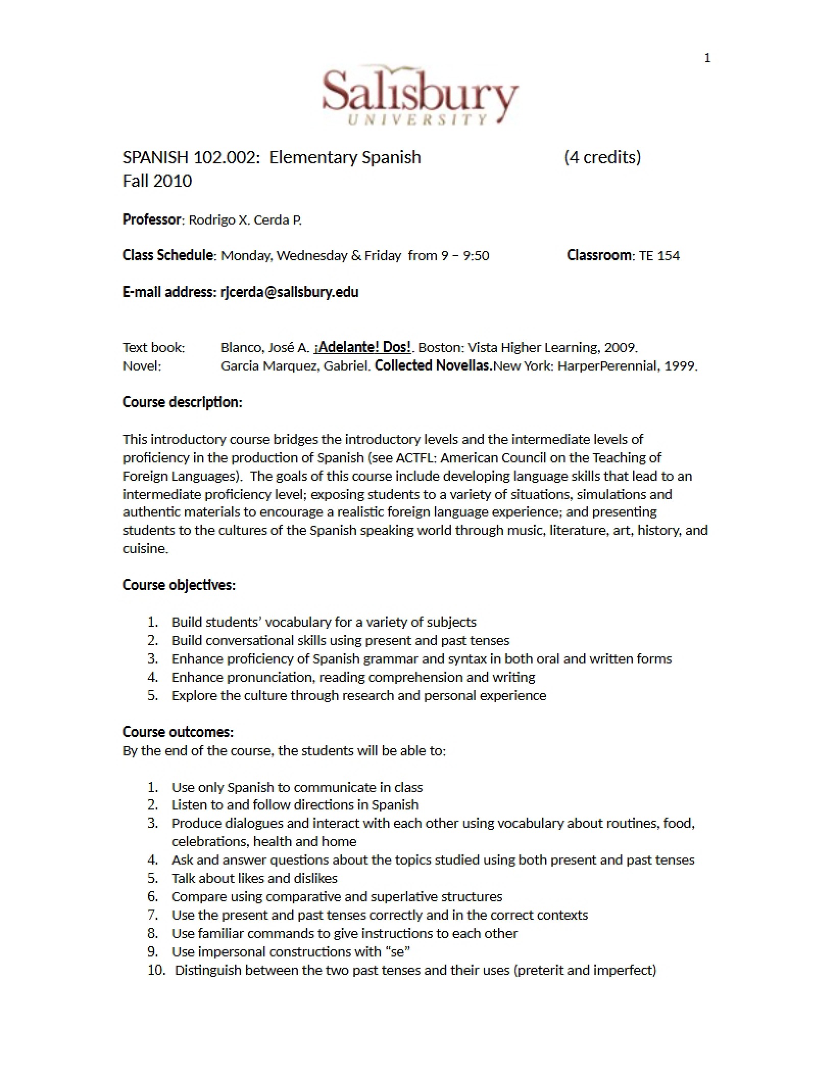 Syllabus Elementary Spanish II